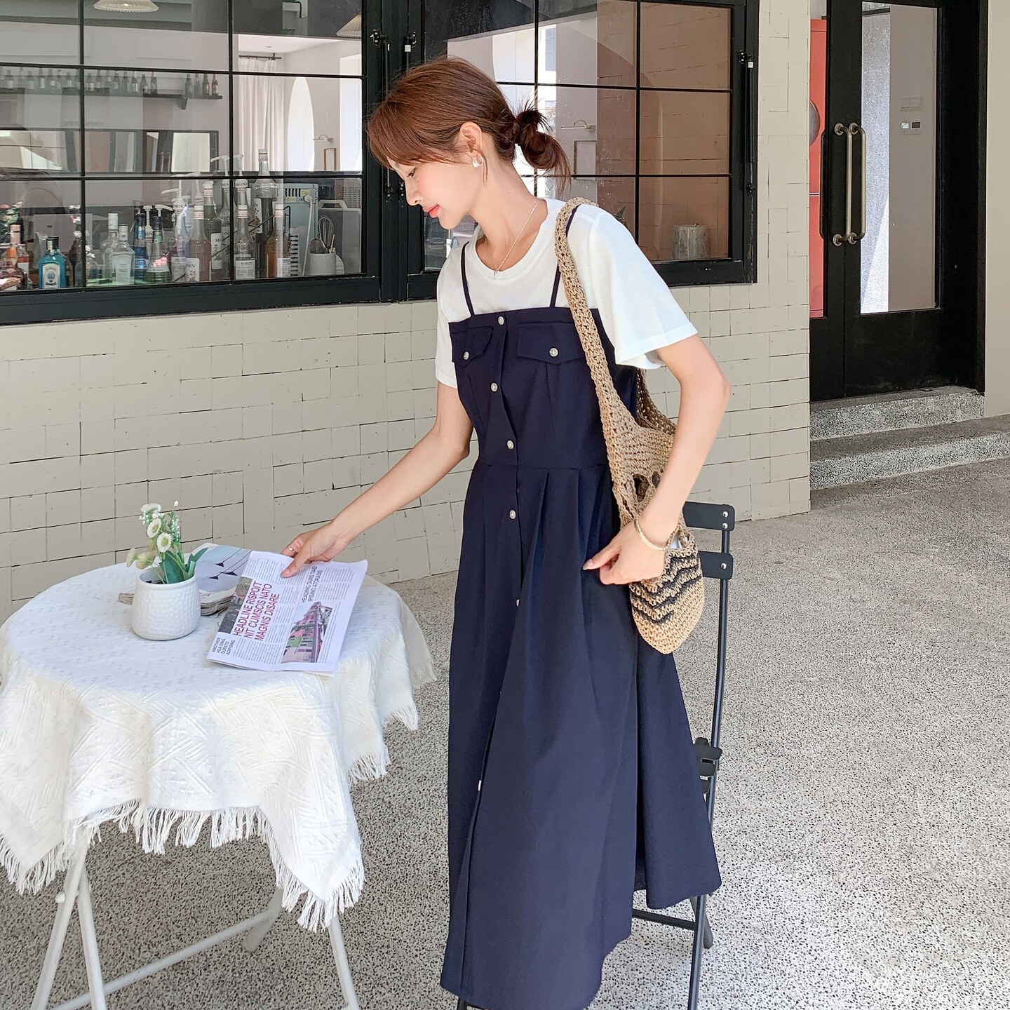 2025减龄气质假两件拼接连衣裙通勤风宽松设计感高腰抽绳系带长裙,女装连衣裙,2C212