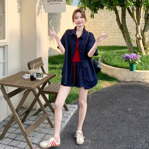 超火独特复古牛仔上衣配裤子背心套装女夏2025新款时髦减龄三件套图片