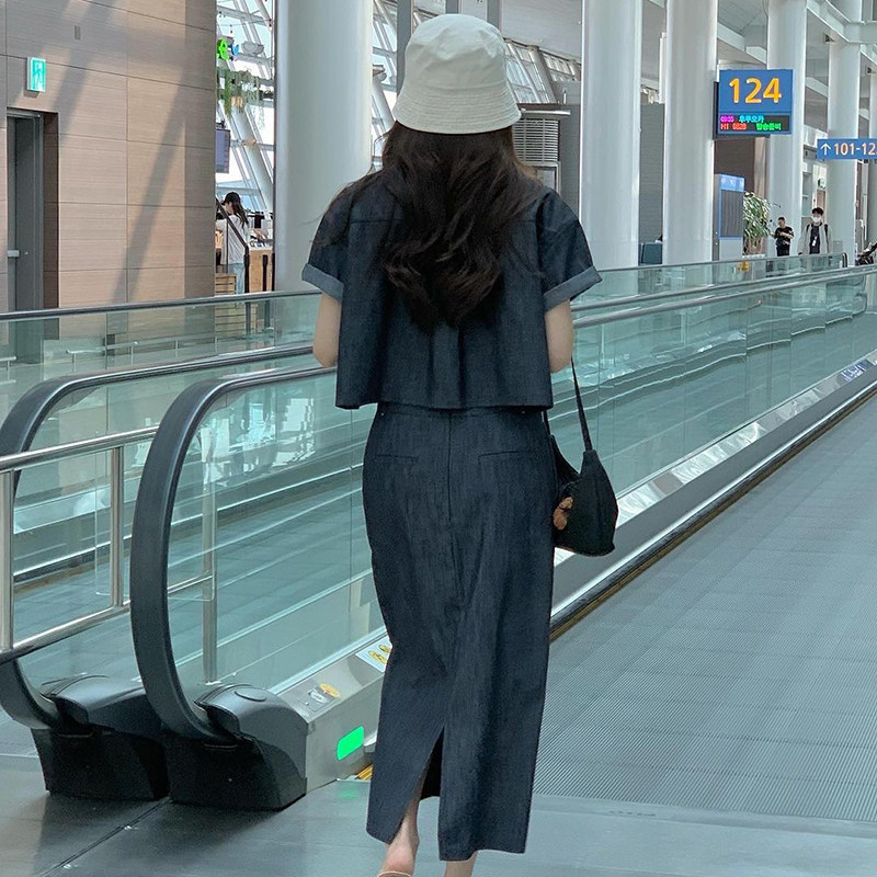 韩系复古牛仔套装裙女夏季2025新款高级感别致衬衫半身长裙两件套,女装套装/套裙,2C009