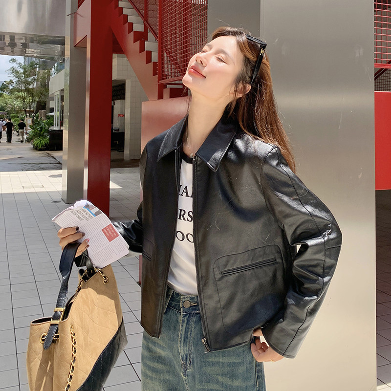 复古短款翻领PU皮衣外套女春秋新款酷飒风时尚百搭小个子机车夹克图片
