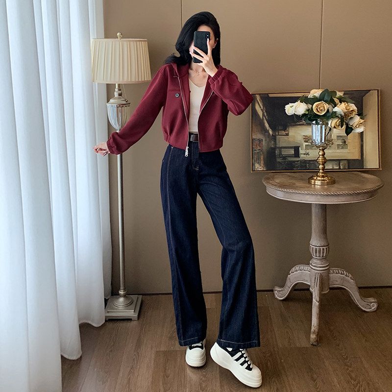 女秋季新款酒红色卫衣直筒牛仔裤套装,女装套装/套裙,2C310