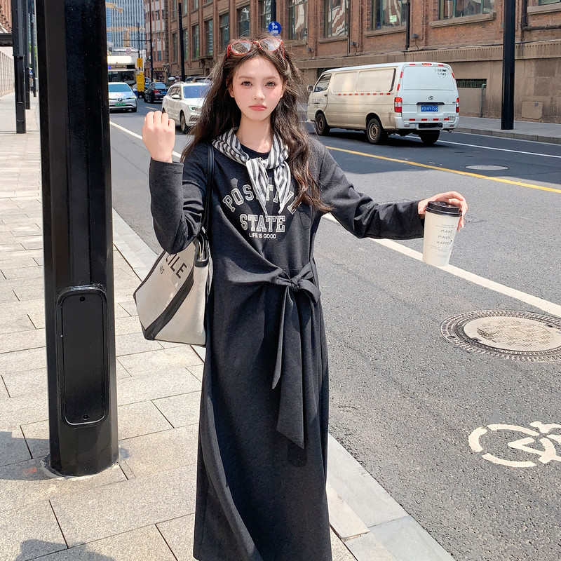 条纹披肩字母长袖连衣裙女2025春秋新款韩系设计感绑带收腰T恤裙,女装连衣裙,2C353