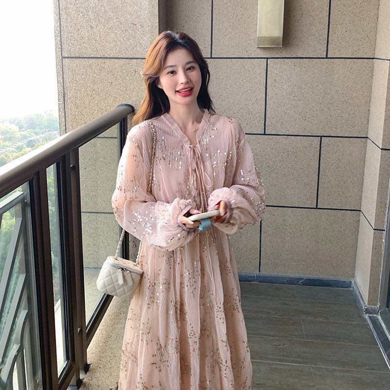 【新款】法式茶歇温柔亮片气质长裙C161-6801-P145-K198,女装连衣裙,2C161