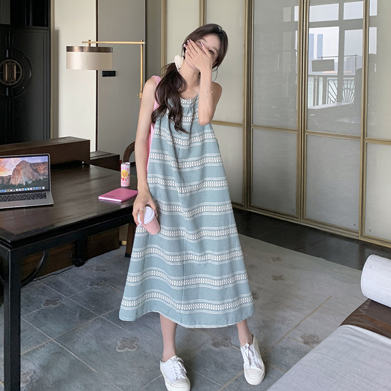 森系桔梗格子吊带连衣裙女2025夏季新款韩系宽松减龄小个子长裙潮,女装连衣裙,2C201