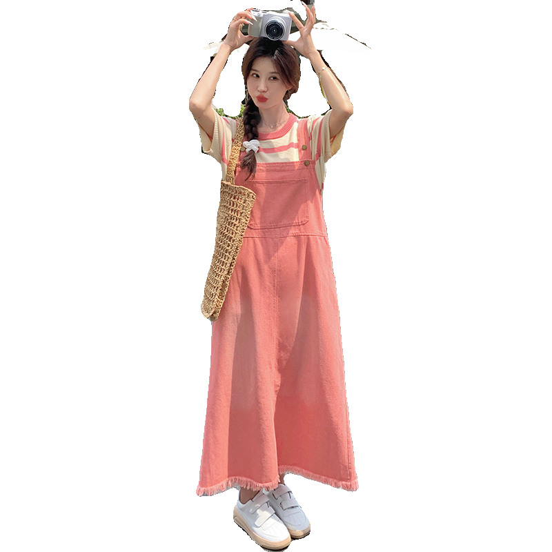 粉色牛仔背带裙女2024夏季新款韩系复古小个子遮肉减龄长款连衣裙,女装孕妇装,2C177