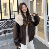 羊羔毛大翻领PU皮衣羽绒服女2024冬季新款甜酷风加厚保暖派克服潮，女装羽绒服，2C159