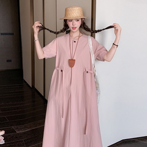 简单大方韩系chic粉色连衣裙女夏2025新款超火好看高级感宽松长裙图片