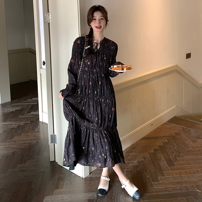 法式复古气质长袖连衣裙女2025春秋季新款宽松显瘦茶歇碎花长裙子,女装连衣裙,2C103