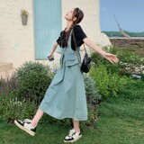 法式假两件拼接牛仔连衣裙女2025夏季新款韩版收腰显瘦气质长裙子，女装连衣裙，2C075