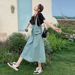 法式假两件拼接牛仔连衣裙女2025夏季新款韩版收腰显瘦气质长裙子图片