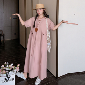 法式极简风系带收腰显瘦连衣裙女短袖2025夏季纯色高级感长裙子图片