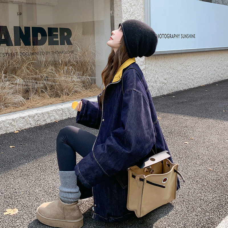 藏蓝撞色拼接牛仔内胆羽绒服2025新款女冬复古宽松加厚白鸭绒外套,女装羽绒服,2C098