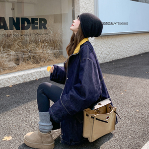 藏蓝撞色拼接牛仔内胆羽绒服2025新款女冬复古宽松加厚白鸭绒外套图片