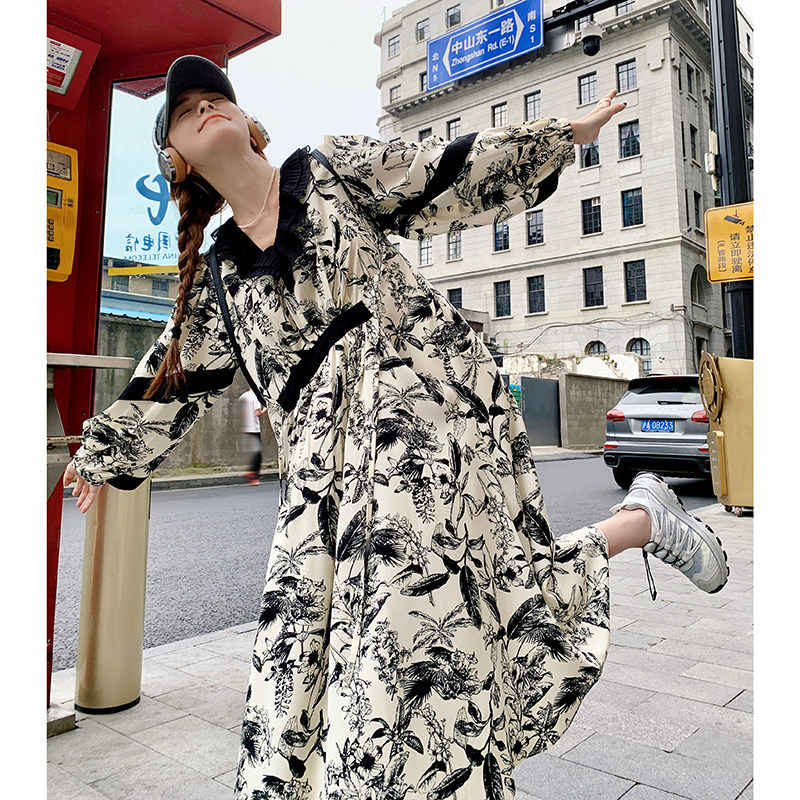 法式复古水墨画V领撞色长袖连衣裙 3308-P115-K178图片