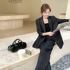 高级感黑色扎染西服套装女2025秋季新款通勤穿搭西装阔腿裤两件套图片