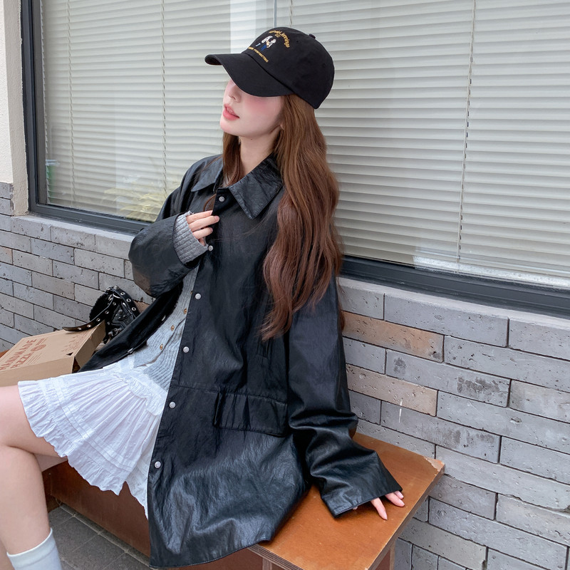 黑色复古甜美港风时髦简约皮衣外套女2025秋季中长款翻领pu皮夹克,女装皮衣,2C291
