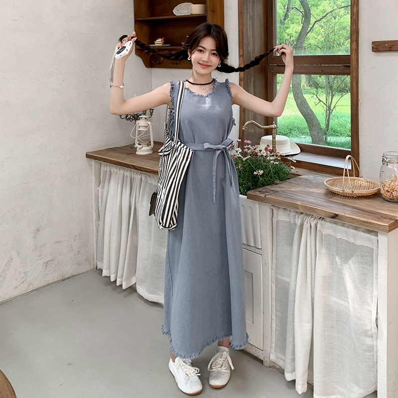 港风复古流苏牛仔背心连衣裙女2025夏季新款韩版宽松显瘦盐系长裙图片
