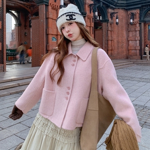 甜美巨好看粉色双面呢羊毛外套女秋冬2025新款小个子流行爆款大衣图片