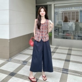 2025夏装搭配一整套格子坎肩衬衫阔腿裤两件套小个子显高时尚套装，女装套装/套裙，2C012