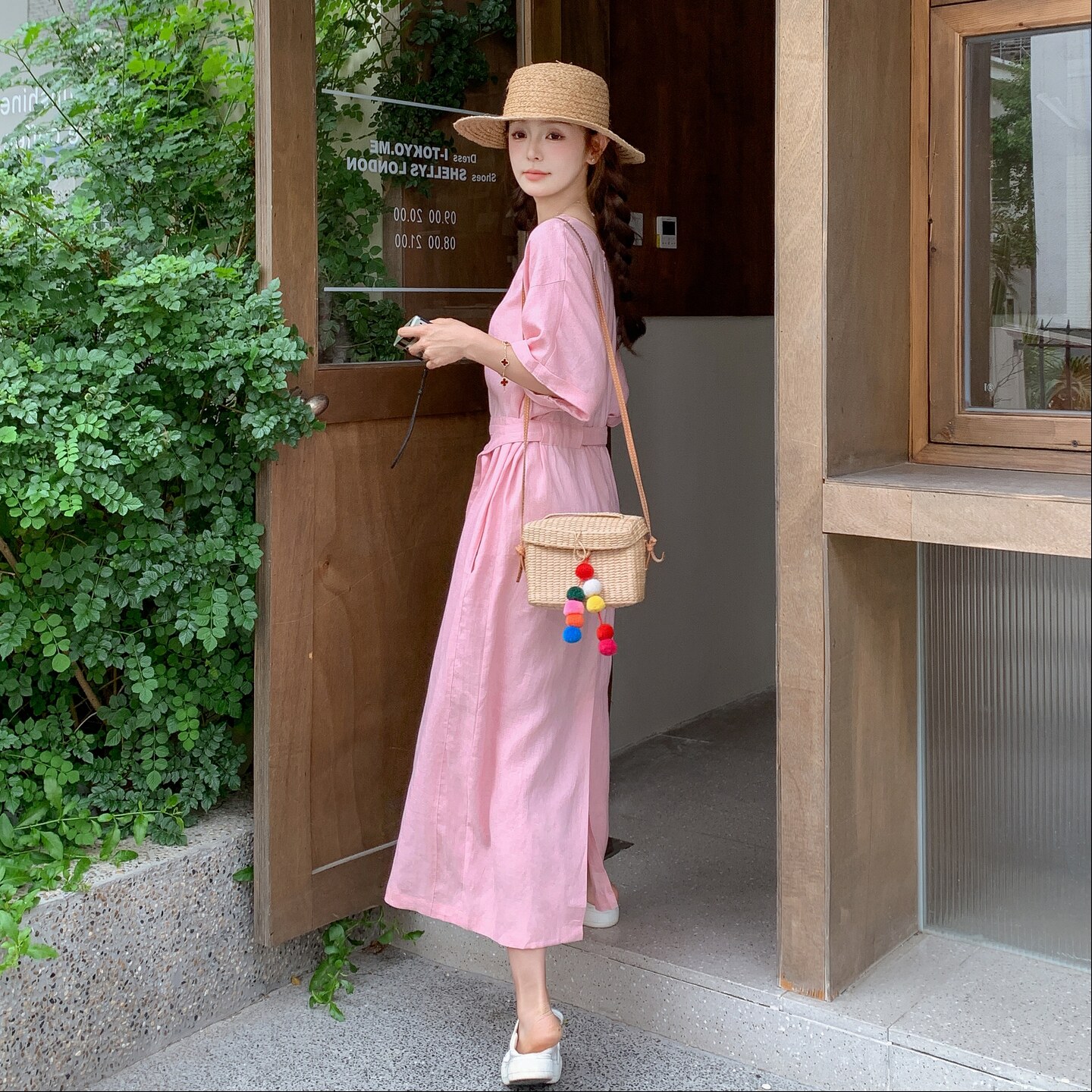 粉色收腰显瘦气质桔梗a字裙夏季新款温柔风休闲别致连衣裙女长款,女装连衣裙,2C016