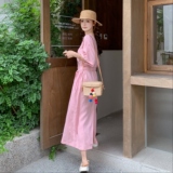 粉色收腰显瘦气质桔梗a字裙夏季新款温柔风休闲别致连衣裙女长款，女装连衣裙，2C016
