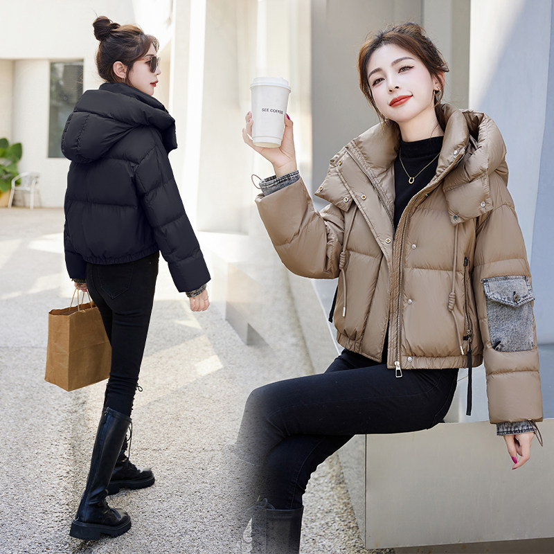 品牌时尚短款羽绒服女冬2025新款小个子牛仔拼接白鸭绒宽松显瘦，女装羽绒服，自然秀,女装羽绒服,自然秀