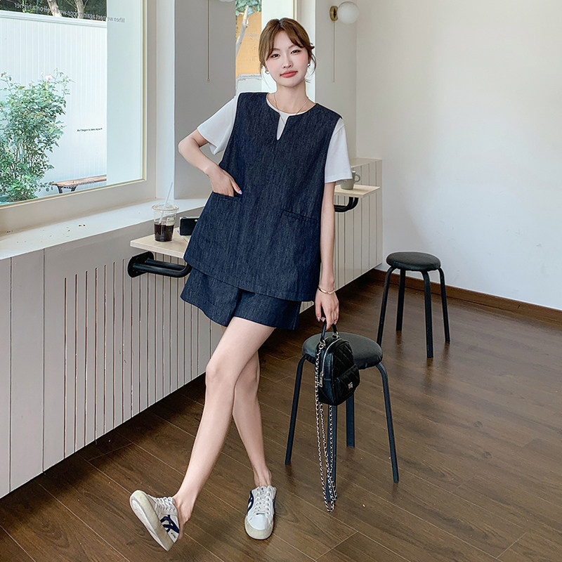 深蓝色复古牛仔套装女2025夏季新款一整套休闲马甲T恤短裤三件套,女装套装/套裙,2C139