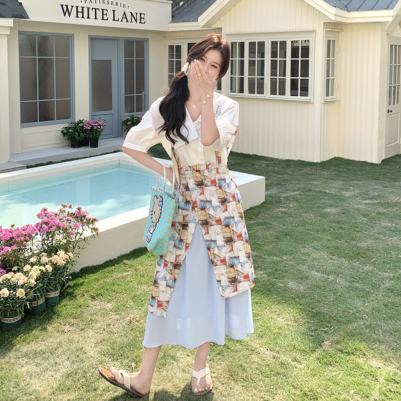 【现货】2025新款复古油画印花吊带裙+翻领衬衫拼接学院风两件套,女装连衣裙,2C238