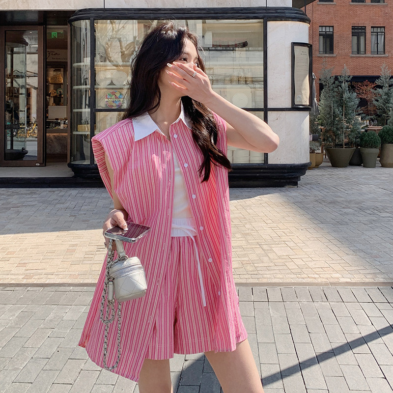 条纹休闲时尚套装女夏季2025新款无袖衬衫上衣高腰短裤减龄两件套,女装套装/套裙,2C112