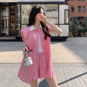 条纹休闲时尚套装女夏季2025新款无袖衬衫上衣高腰短裤减龄两件套图片