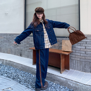 深蓝色港风复古休闲牛仔套装女2025秋季新款百搭外套阔腿裤两件套图片