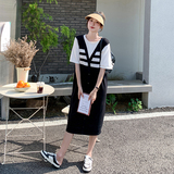 韩系条纹拼接假两件连衣裙女2025夏季新款宽松遮肚休闲减龄T恤裙，女装连衣裙，2C167