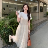 白色拼接网纱连衣裙套装女法式氛围海边度假超仙T恤吊带裙两件套，女装连衣裙，2C212