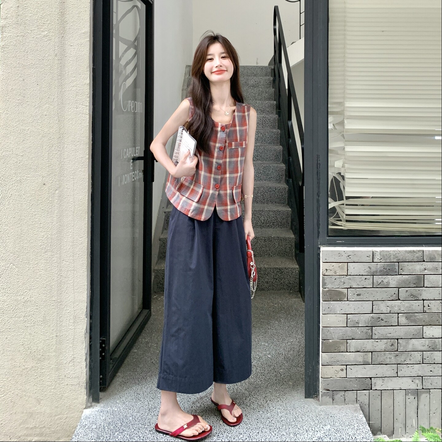 2025夏装搭配一整套格子坎肩衬衫阔腿裤两件套小个子显高时尚套装,女装套装/套裙,2C012
