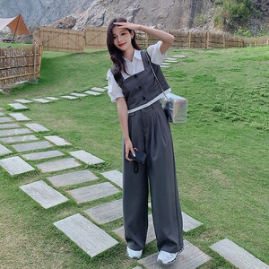 法式气质假两件衬衫上衣套装女2025夏季新款显瘦休闲阔腿裤两件套图片