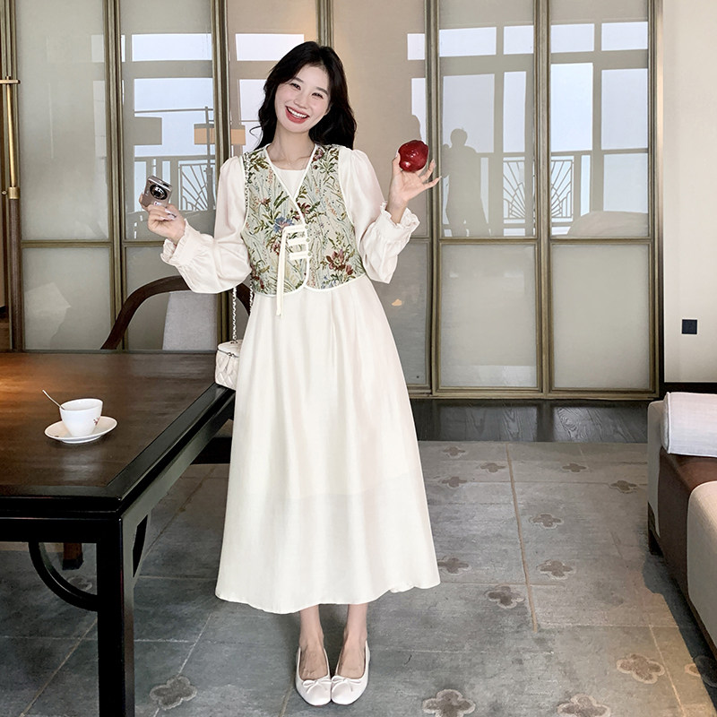新中式国风马甲连衣裙两件套女春秋2025新款复古显瘦中长A字裙子,女装连衣裙,2C262