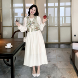 新中式国风马甲连衣裙两件套女春秋2025新款复古显瘦中长A字裙子，女装连衣裙，2C262