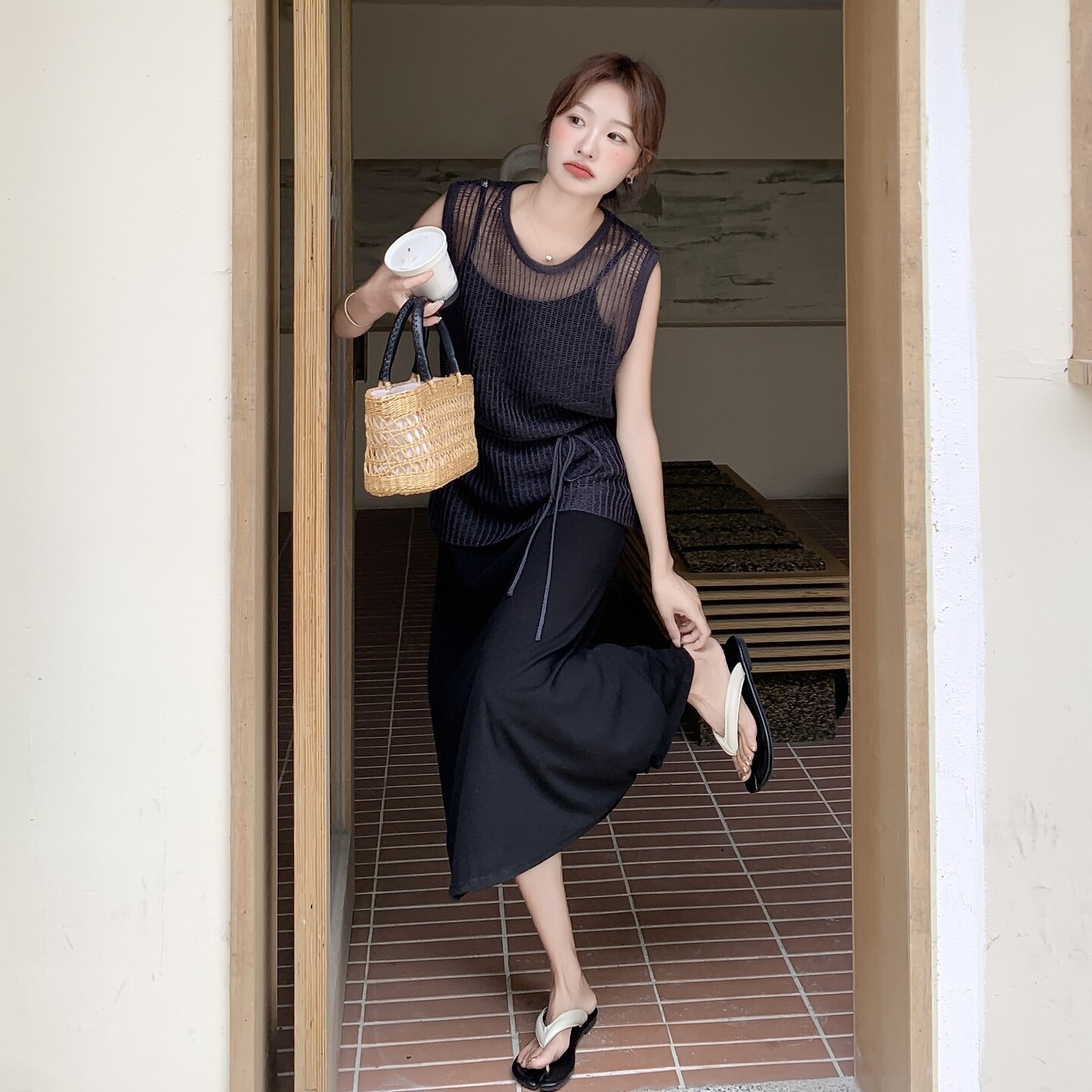 黑色针织背心吊带连衣裙套装2025新款女夏季清冷高级感裙子一整套,女装套装/套裙,2C166