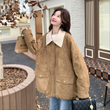 美式复古麂皮绒翻领羽绒服外套女拼接设计感90白鸭绒保暖加厚夹克，女装羽绒服，2C166