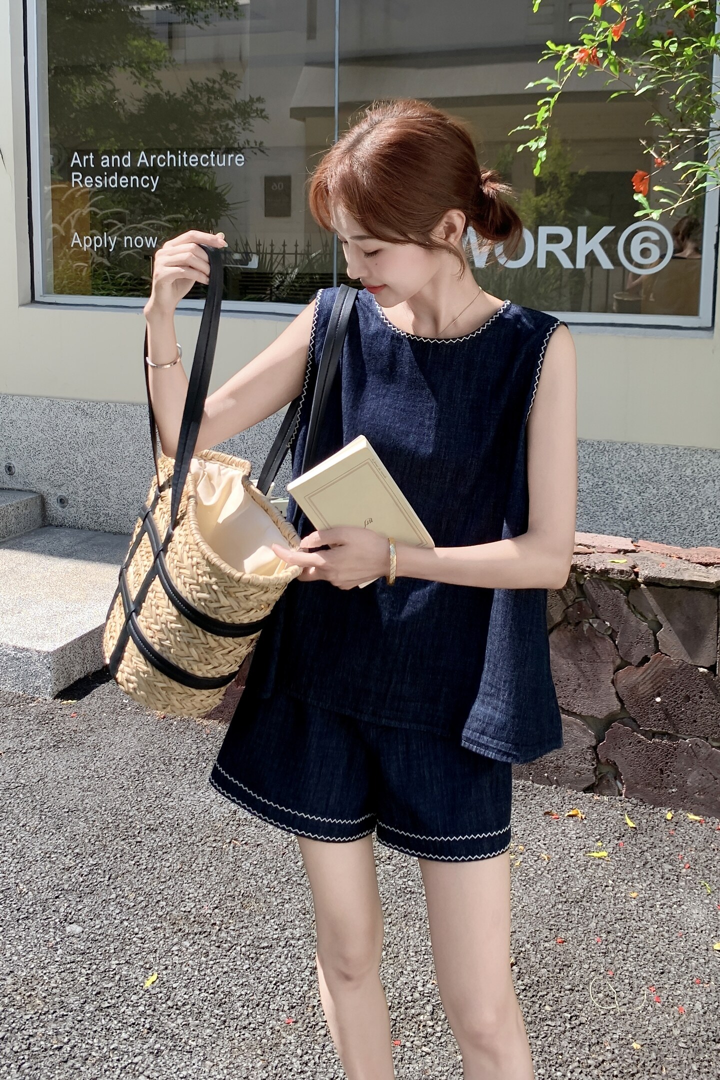 小个子复古松弛感牛仔套装女2025夏季新款简约圆领背心短裤两件套,女装套装/套裙,2C159