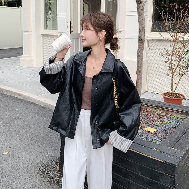 条纹拼接翻领黑色皮衣外套女春秋2025新款小个子PU夹克爆款高级感图片