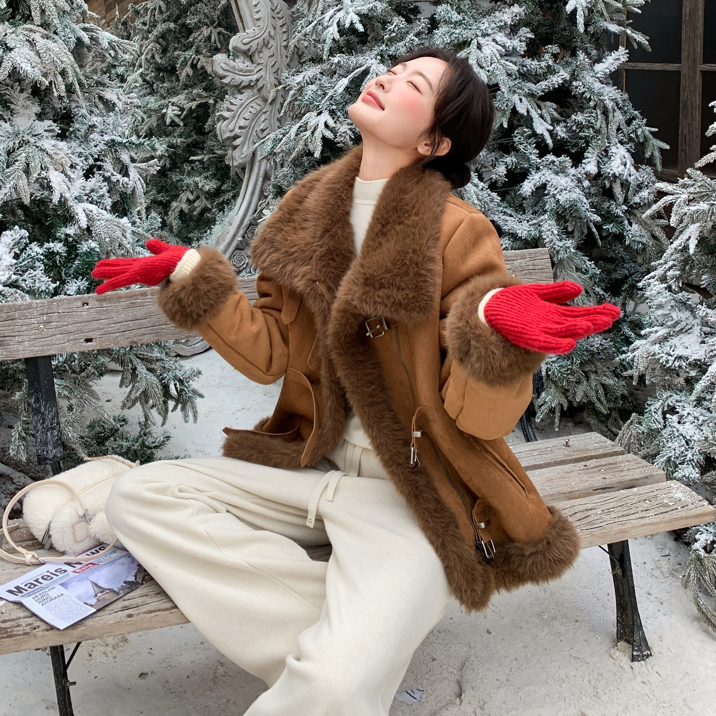 咖色复古高级感皮毛一体外套女翻领加厚麂皮绒美拉德机车服短外套,女装棉衣/棉服,2C166