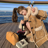 咖色连帽保暖皮毛一体羊羔毛外套女冬季独特漂亮巨好看高级感棉服，女装皮草，2C299