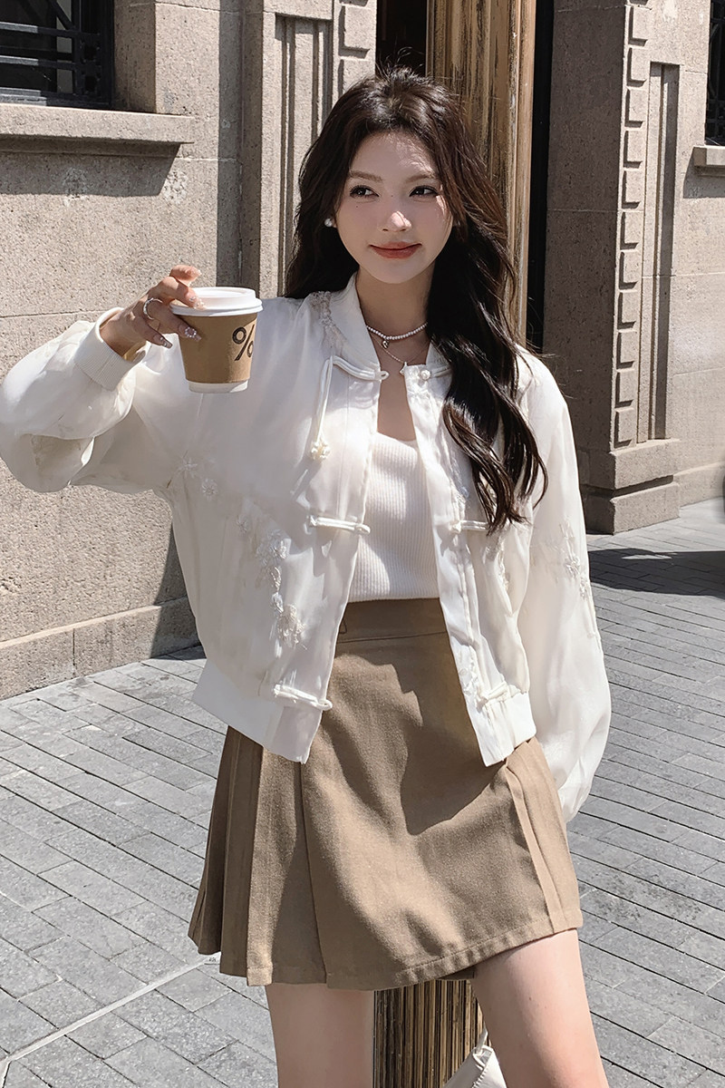 【现货】新中式轻风白蕾丝刺绣上衣休闲短外套防晒衣空调服,女装防晒衣,2D148