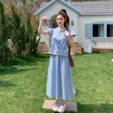 蓝色减龄牛仔套装女夏新款轻薄学院风法式泡泡袖上衣半身裙两件套，女装套装/套裙，2C212