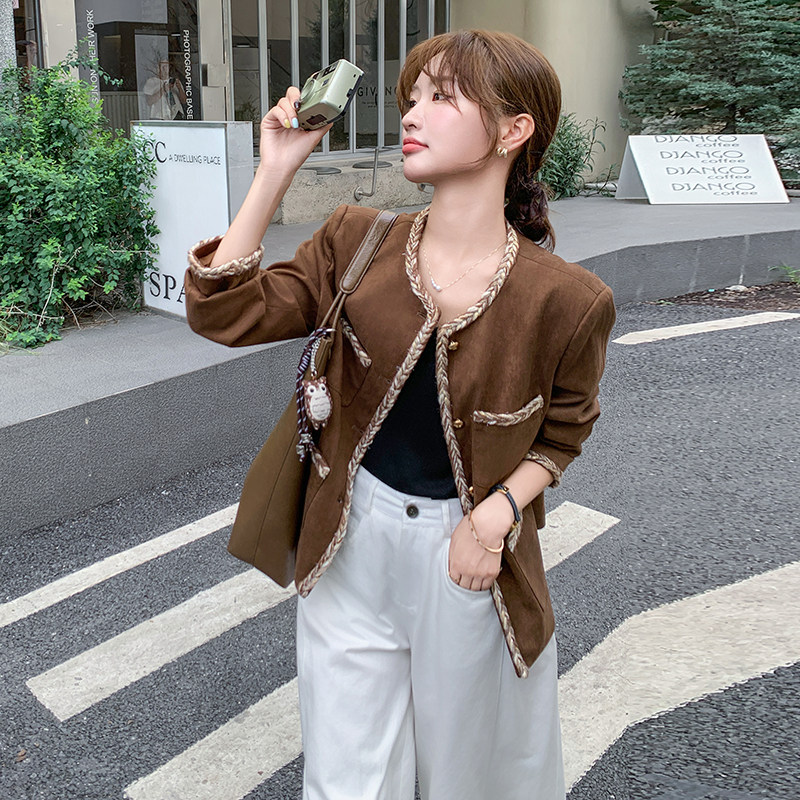 现货！24秋装新款鹿皮绒外套编织撞色搭配港风外套女,女装短外套,衣珂纱朗