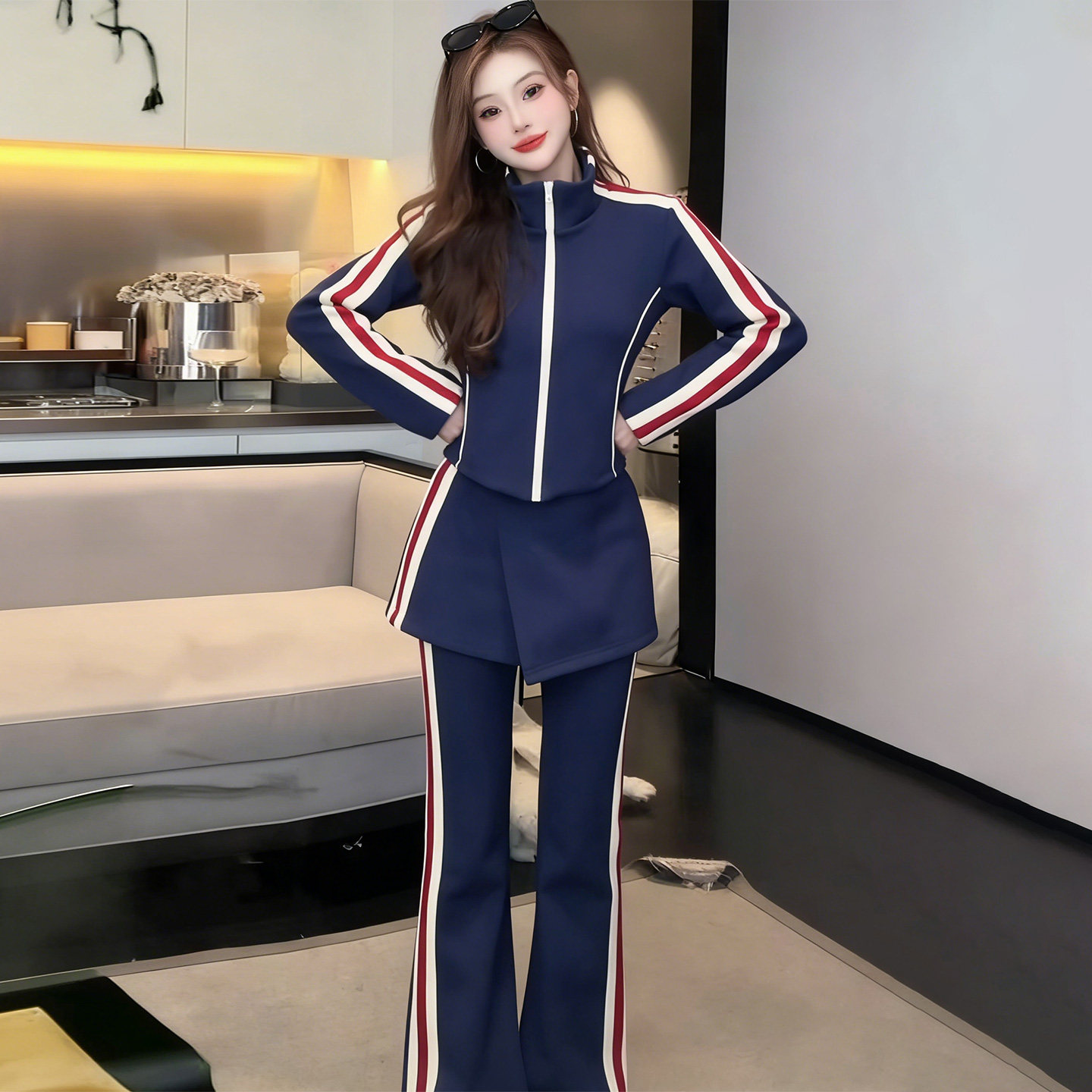 网红炸街休闲运动套装女春季条纹拼接双头拉链卫衣微喇长裤三件套,女装套装/套裙,2C310