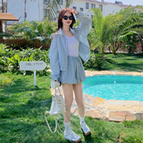 蓝色休闲时尚套装女夏季2025新款韩版长袖防晒衣花苞半身裙两件套，女装套装/套裙，2C135