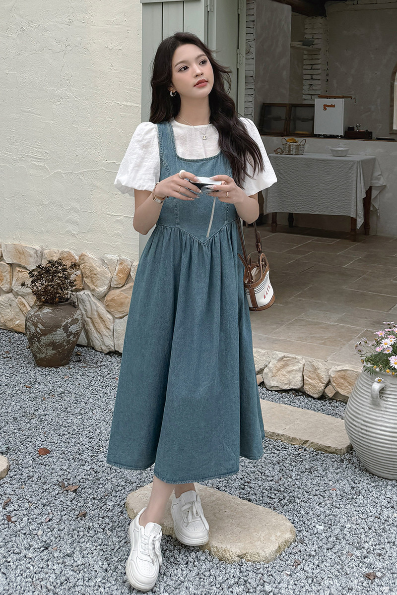 复古牛仔背带裙套装女2025夏季新款法式温柔风气质减龄休闲两件套,女装套装/套裙,2C227