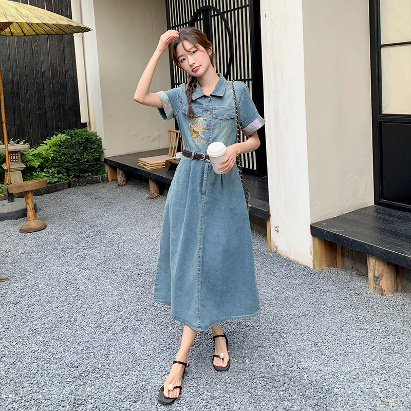 【上新现货】1C128-6673-风刺绣牛仔连衣裙P125-K178配腰带,女装连衣裙,2D148
